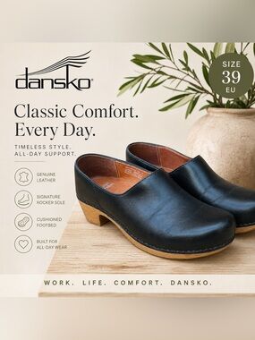 Dansko Black Leather Clogs Size 39 EU Slip On Comfort Shoes